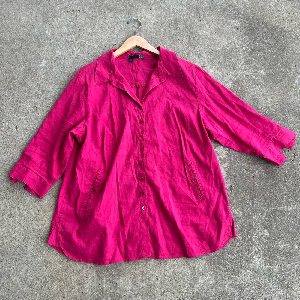 Eileen Fisher Vibrant Pink Button Up Linen Blouse Plus Size 1X
